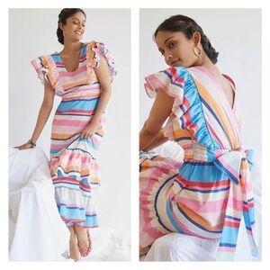 PLENTY BY TRACY REESE Anthropologie Rainbow Striped Ruffle Midi Maxi Dress XS